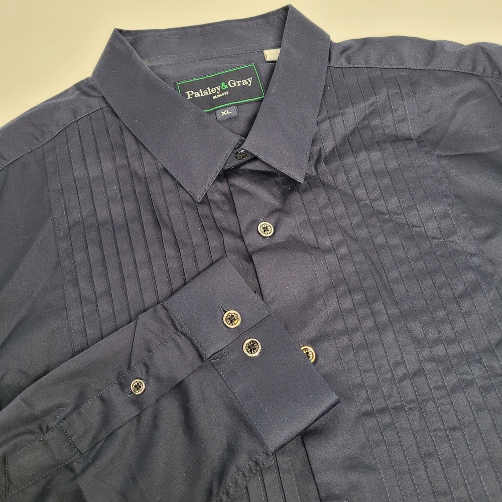 Paisley & Gray Dress Shirt Mens XL Navy Blue Like New Pleated Front Slim Fit
